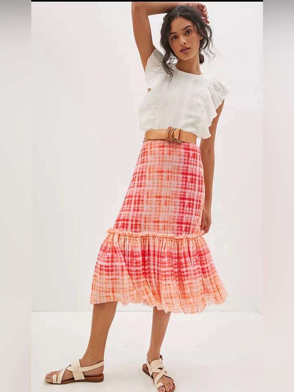 NWT Anthropologie Eva Franco Kym Flounced Midi Skirt Pink Combo L